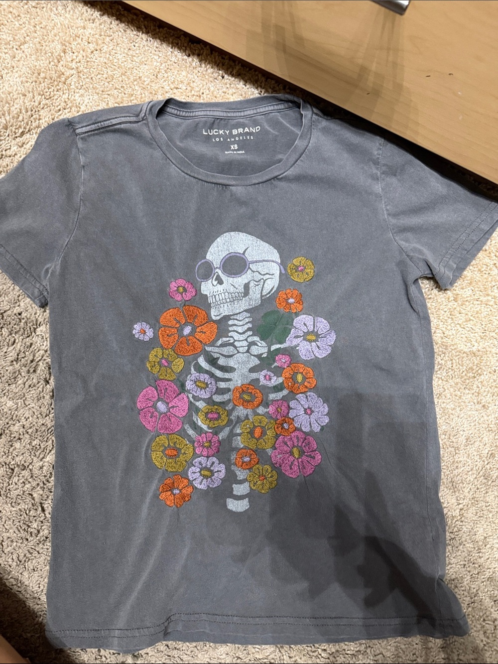 Lucky Brand Charcoal Short Sleeve Tee with Floral Skull Graphic